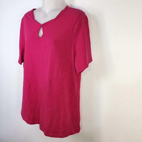 Chico's Womens Top Size 1 Medium Fancy Keyhole Neckline Pink Cotton Short Sleeve - Picture 6 of 10